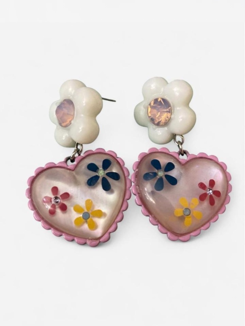 Betsey Johnson Pink Heart Earrings with Floral Details